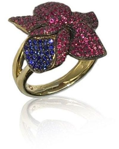 Suzy Levian Golden Sterling Silver Red & Blue Cubic Zirconia American Flower Ring - Purple