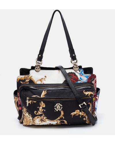 Roberto Cavalli Color Floral Print Fabric And Leather Tote - Black