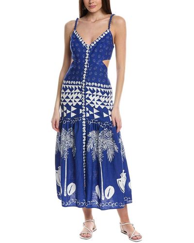 FARM Rio Mixed Ondina Blue Linen-blend Midi Dress