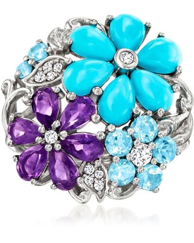Ross-Simons Multi-gemstone And Turquoise Flower Ring - Blue