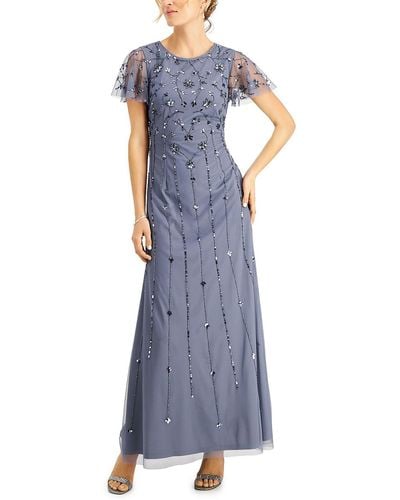Adrianna Papell Embellished Flutter Sleeve Evening Dress - Blue