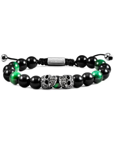 Crucible Jewelry Crucible Los Angeles Double Skull Adjustable Bracelet With Green Tiger Eye And Onyx Beads - Black