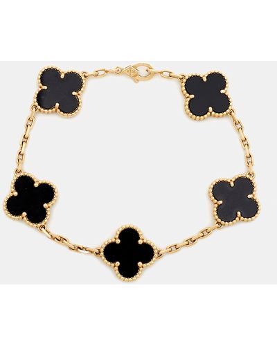 Van Cleef & Arpels Vintage Alhambra Onyx 18k Gold 5 Motif Station Bracelet - Black