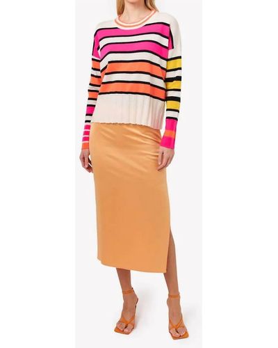 Brodie Cashmere Oceana Stripe Sweater In Organic White/pink - Orange