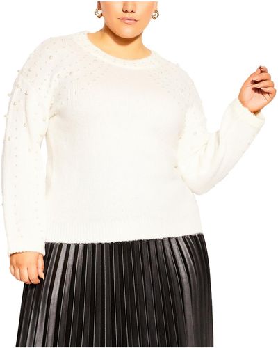 City Chic Plus Knit Embellished Pullover Sweater - White