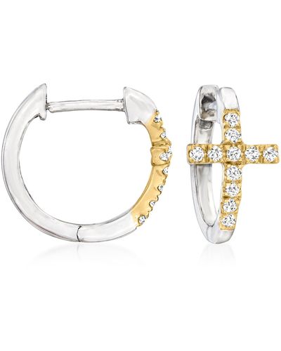 Ross-Simons Diamond Cross Huggie Hoop Earrings In Sterling Silver And 14kt Yellow Gold - White