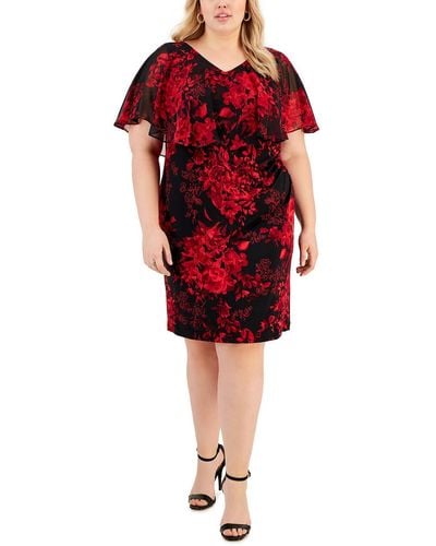 Connected Apparel Plus Floral Popover Sheath Dress - Red