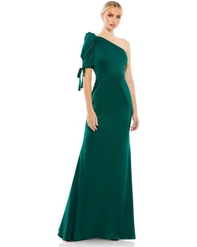 Ieena for Mac Duggal Satin One Shoulder Puff Sleeve Trumpet Gown - Green