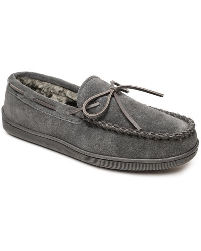 Minnetonka Pile Lined Hardsole Suede Faux Fur Moccasin Slippers - Gray
