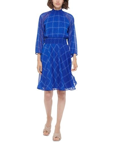 Calvin Klein Petites Metallic Polyester Fit & Flare Dress - Blue