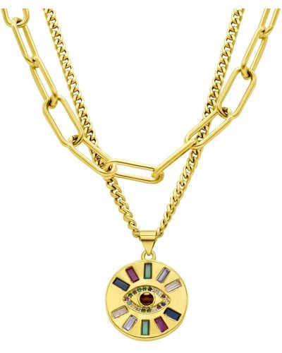 Adornia 14k Gold Plated Adjustable Evil Eye Multi Color Layered Double Necklace - Metallic