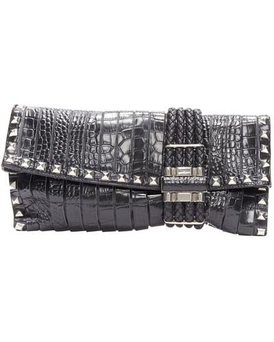 Jimmy Choo Chandra Croc Embossed Silver Studs Woven Magnet Clasp Clutch Bag - Gray