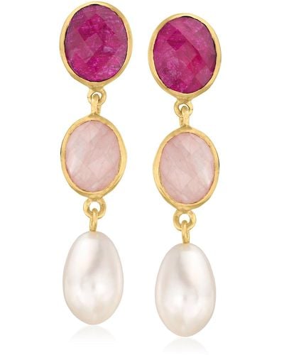 Ross-Simons 9x13mm Cultured Pearl And Multi-gemstone Drop Earrings - Pink