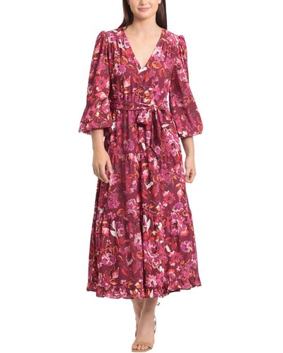 Maggy London Floral Print Polyester Midi Dress - Red