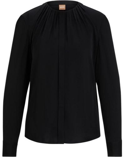 BOSS Ruched-neck Blouse - Black