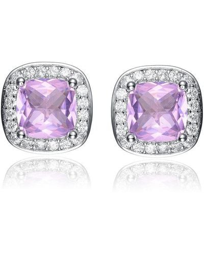 Rachel Glauber White Gold Plated Square Stud Earrings With Pink Cubic Zirconia - Purple