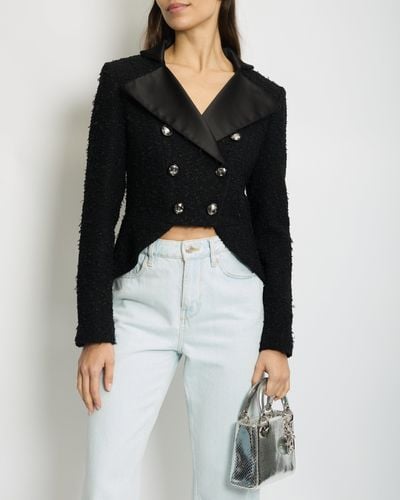 Chanel 19k Metallic Tweed Cropped Blazer With Satin Collar And Snowflake Buttons Details - Black