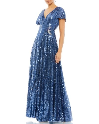Mac Duggal Sequined Rhinestone-embellished Gown - Blue