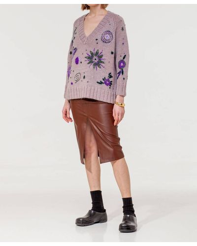 Happy Sheep V-neck Raglan Sweater In Almond - Purple