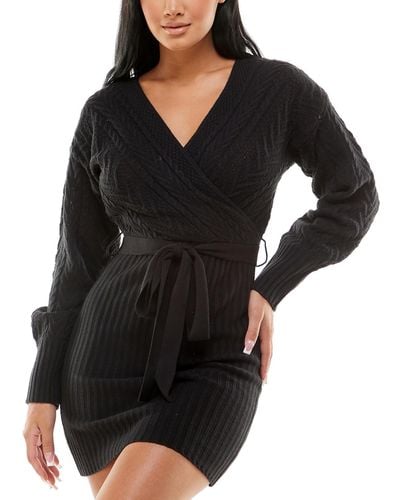 Planet Gold Juniors Cable Knit Long Sleeves Sweaterdress - Black