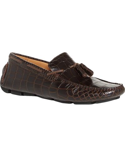 The Men's Store Tassel Driver Leather Crocodile Print Loafers - Brown