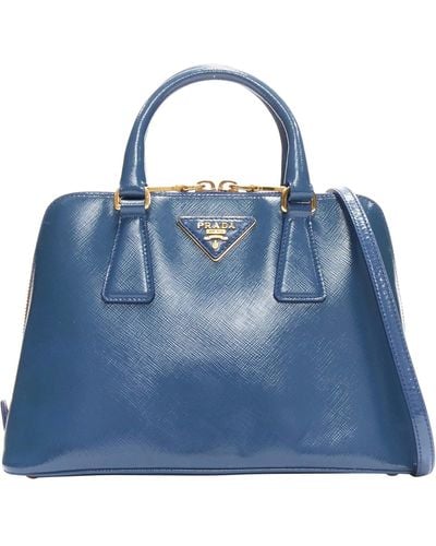 Prada Promenade Vernice Saffiano Leather Triangle Logo Top Handle Tote Bag - Blue