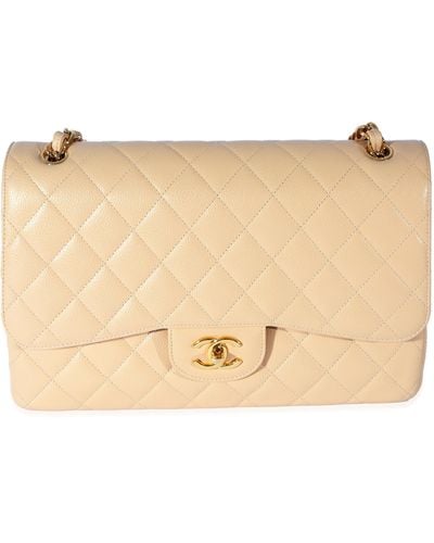 Chanel Quilted Caviar Jumbo Classic Double Flap Bag - Natural