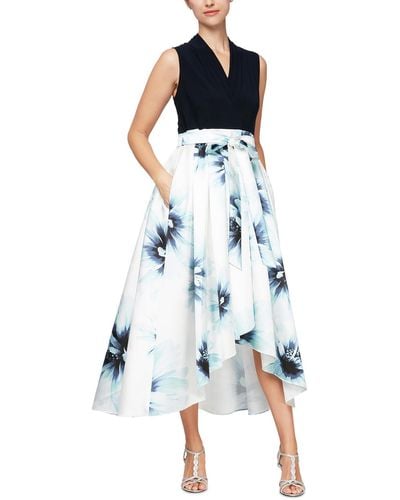 SLNY Floral Print Long Evening Dress - Blue