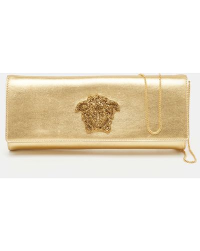Versace Leather Medusa Icon Crystals Chain Clutch - Natural