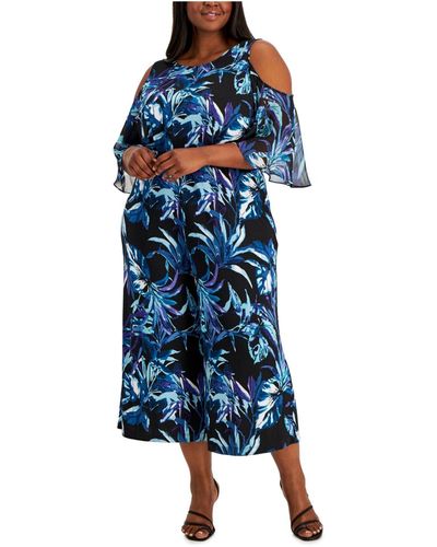 Connected Apparel Plus Printed Ruffled Jumpsuit - Blue