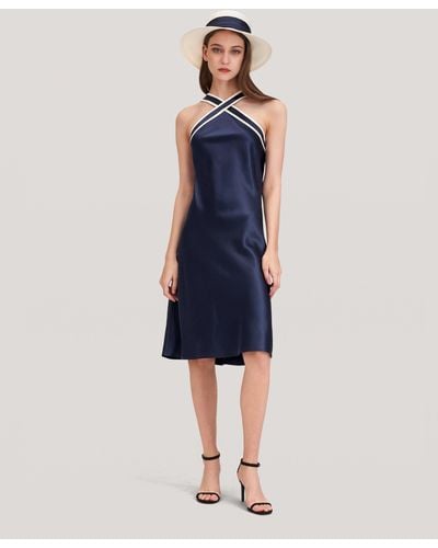 LILYSILK Glossy Camellia Silk Halter-neck Dress For - Blue