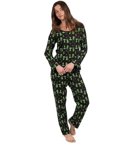 Leveret Two Piece Cotton Loose Fit Pajamas Alien - Green