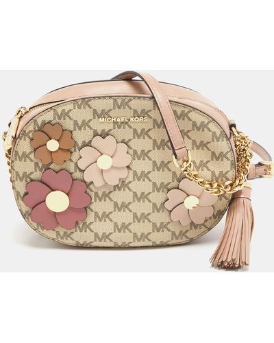 Michael Kors Old Rose/beige Signature Coated Canvas And Leather Floral Applique Ginny Crossbody Bag - Metallic