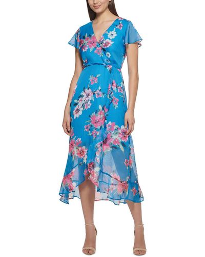 Kensie Floral Chiffon V-neck Midi Fit & Flare Dress - Blue