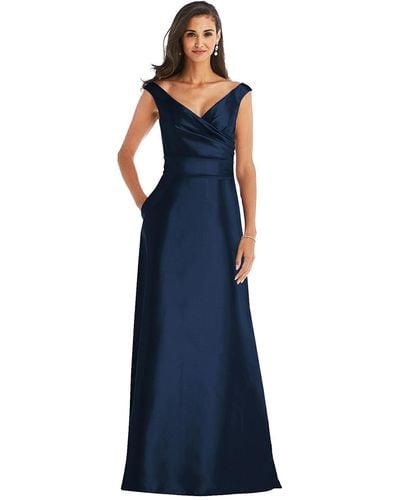 Alfred Sung Off-the-shoulder Draped Wrap Satin Maxi Dress - Blue