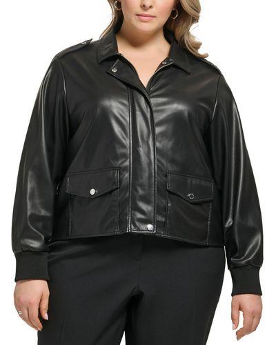 Calvin Klein Plus Crop Faux Leather Soft Shell Jacket - Black