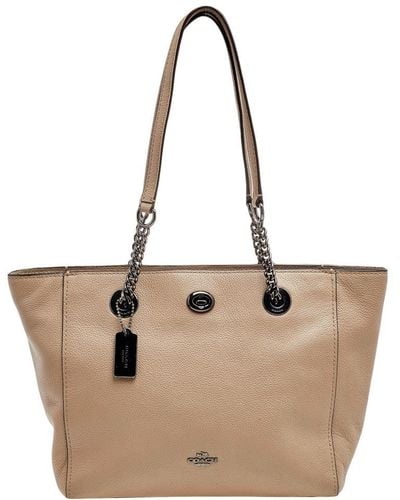 COACH Leather Turnlock Tote - Natural