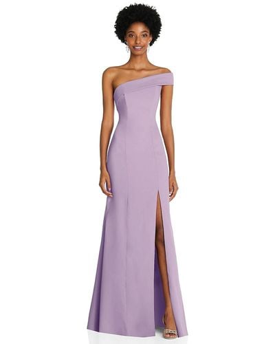 After Six Asymmetrical Off-the-shoulder Cuff Trumpet Gown With Front Slit - Purple