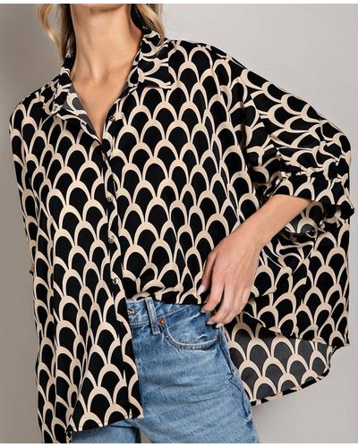 Eesome Printed Button Down Blouse - Black