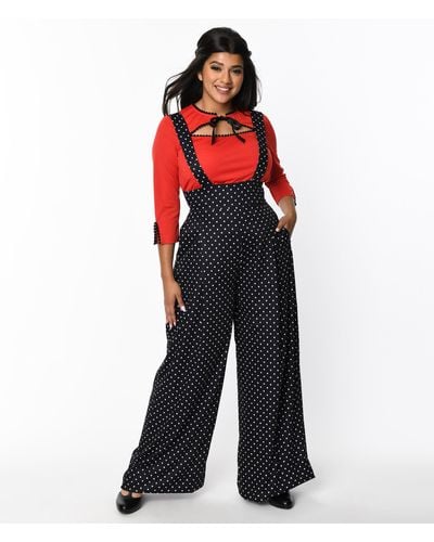 Unique Vintage Black & White Pin Dot Rochelle Suspender Pants - Red