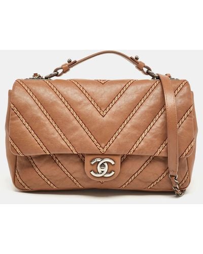 Chanel Chevron Stitched Leather Classic Top Handle Bag - Brown