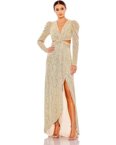Mac Duggal Metallic Puff Sleeve Front Twist Cut Out Gown - White