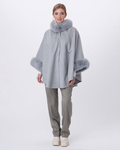 Gorski Wool And Cashmere Blend Cape With Fox Collar And Trim - Gray