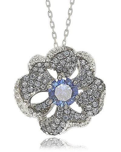 Suzy Levian Sterling Silver Sapphire And Diamond Accent Whimsical Flower Pendant Necklace - Blue