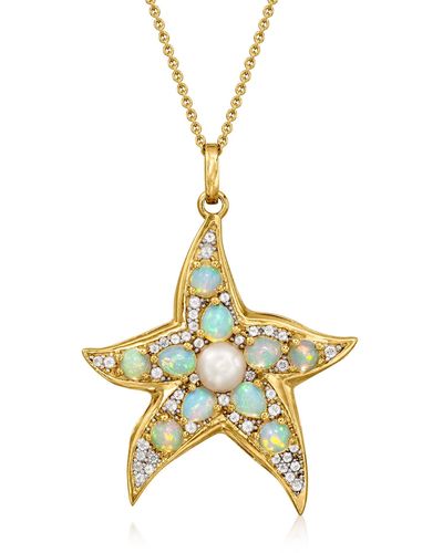 Ross-Simons Opal And 6.5mm Cultured Pearl Starfish Pendant Necklace With . White Topaz In 18kt Gold Over Sterling - Metallic