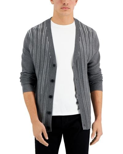 Alfani Stripe V-neck Cardigan Sweater - Gray
