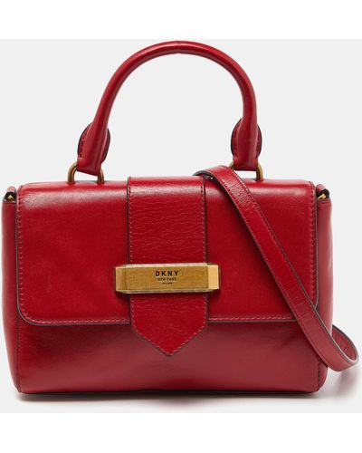 DKNY Leather Metal Logo Flap Top Handle Bag - Red