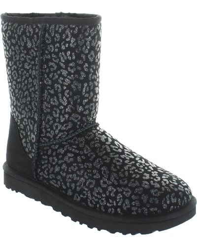 UGG Classic Short Suede Snow Leopard Winter Boots - Black