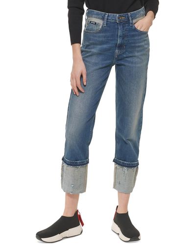 DKNY Waverly Distressed High Rise Straight Leg Jeans - Blue