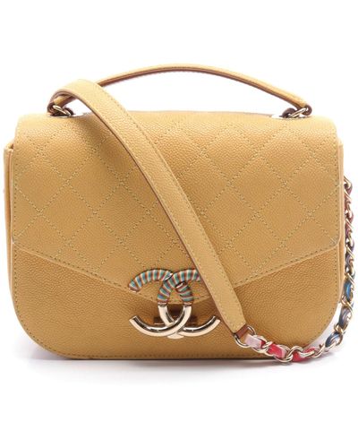 Chanel Matelasse Chain Shoulder Bag Soft Caviar Skin Yellow Gold Hardware 2way - Natural